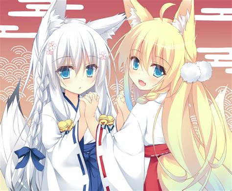 2girls Animal Ears Aqua Eyes Bell Blonde Hair Blush Braids Cat Smile