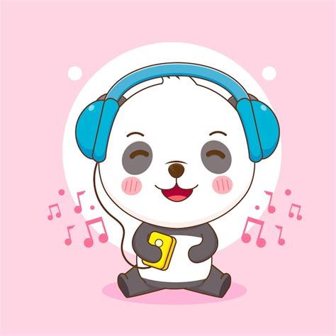 Lindo Panda Escuchando Música De Dibujos Animados Vector Premium
