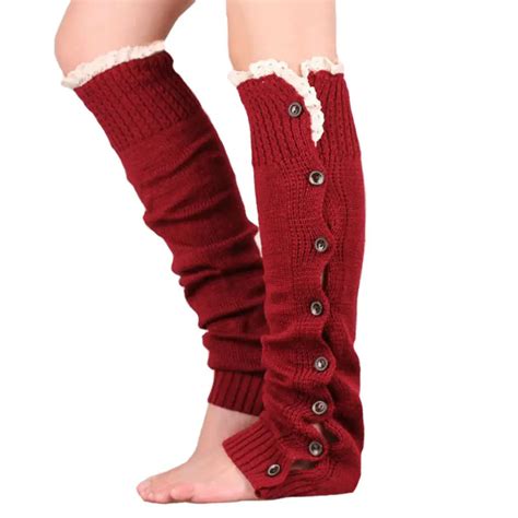 Winter 2017 New Girls Women Trendy Knitted Button Lace Leg Warmers Trim Boot Cuffs Knee Socks