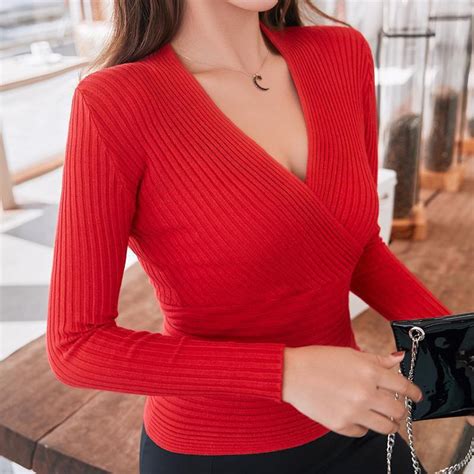 [30 Off] Sexy V Neck Low Cut Slim Fashion Tight Fitting Sweater Rosegal