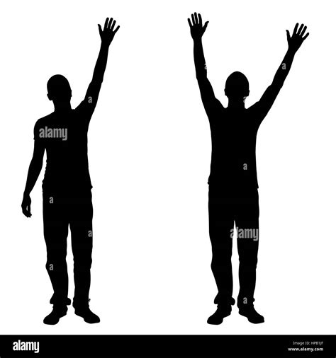 Silhouettes Of People With Hands In The Air Isolated On White Stock