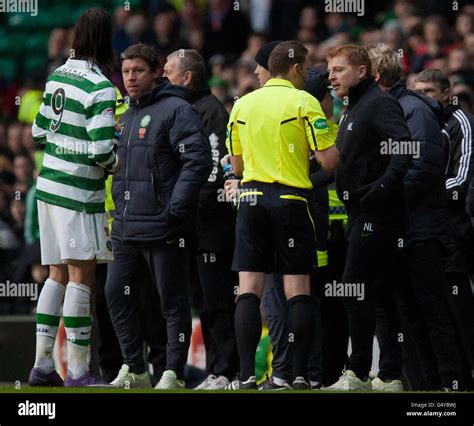Celtic Manager Neil Lennon Right Talks With Referee Stuart Mclean