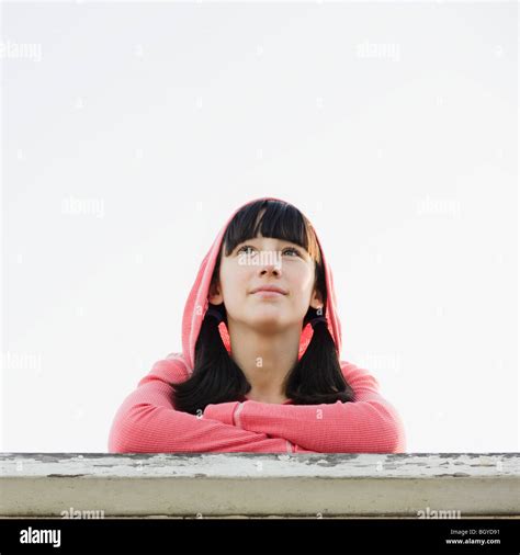 Girl Leaning On Railing Stock Photo Alamy