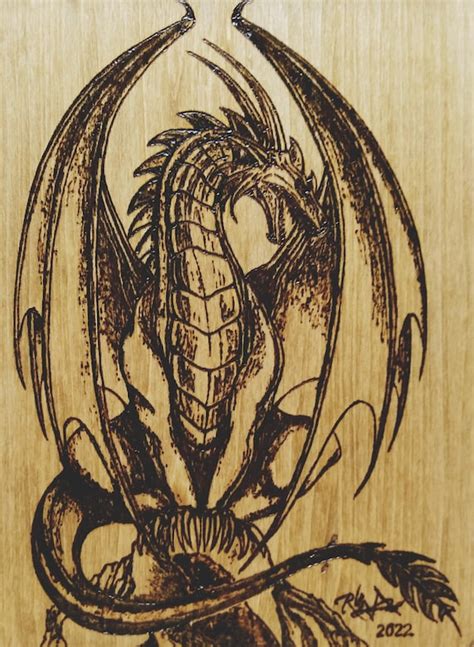 Dragon Art Wood Burning Dragon Perched On Mountain Stained Etsy