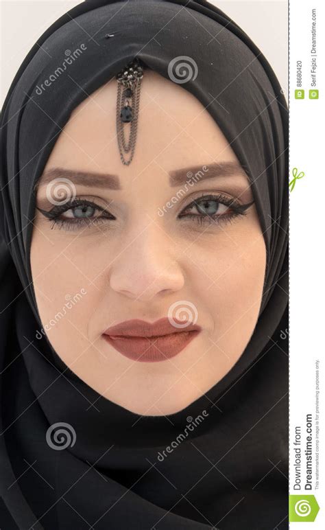 Blue Eyes Close Up Muslim Girl With Hijab Stock Photo