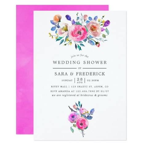 Hot Pink Watercolor Floral Wedding Shower Invite Zazzle Floral Bridal Shower Invitations