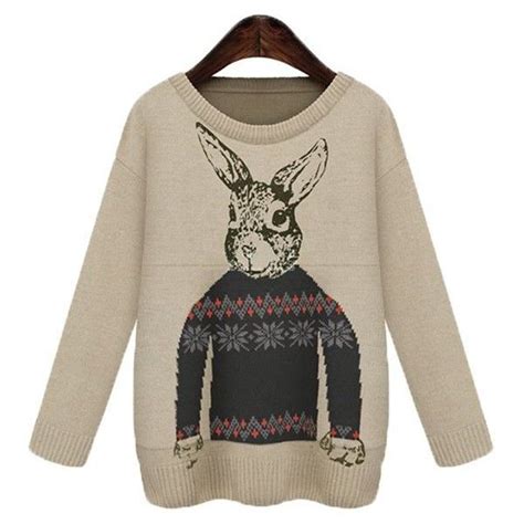 Cute Scoop Neck Long Sleeve Rabbit Sweater For Women Printed Sweater