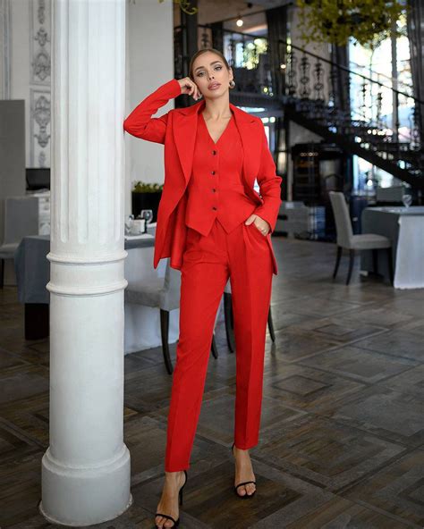 Red Office Women 3 Piece Suit With Slim Fit Pants Buttoned Etsy