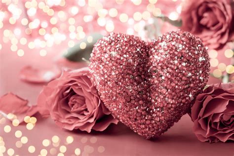 Download Glitter Pink Rose Sparkles Heart Holiday Valentines Day 4k