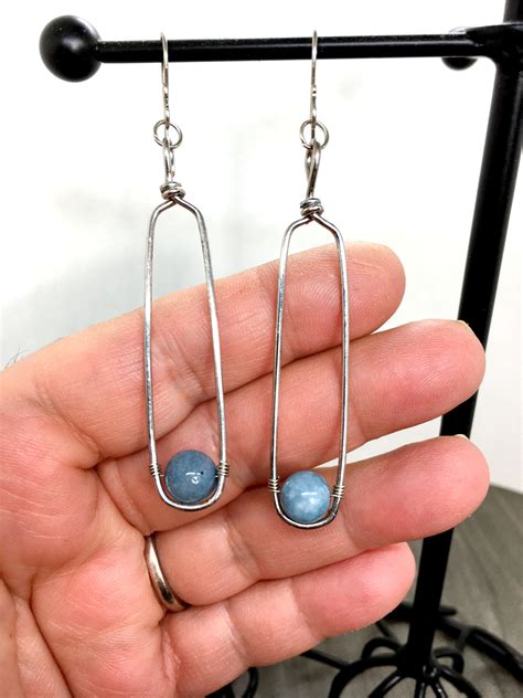 Angelite Hoop Earrings Silver Blue Earrings Wire Wrapped Etsy