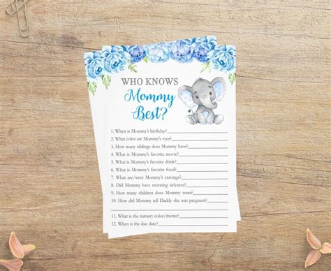 Blue Elephant Games Who Knows Mommy Best Printable Elephant Etsy