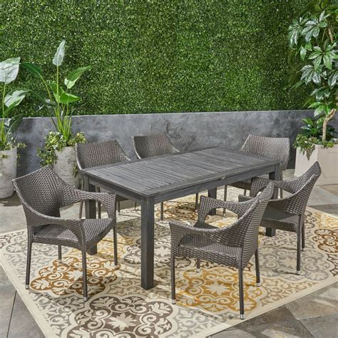 7 Piece Gray Finish Outdoor Furniture Patio Expandable Dining Set