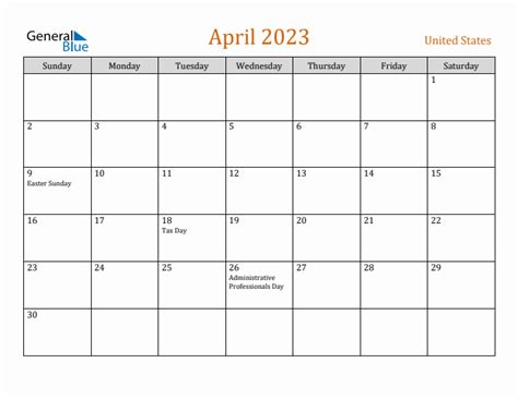 Free April 2023 United States Calendar