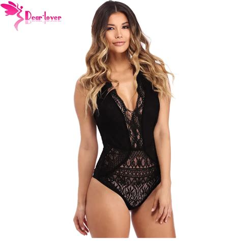Dear Lover Sexy Rompers Women Black V Neck Sleeveless Hollow Out Lace Bodysuits Body Tops