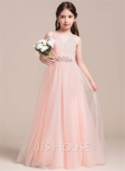 A Lineprincess V Neck Floor Length Tulle Junior Bridesmaid Dress With