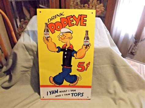 Vntg Drink Popeye Soda Advertising Metal Tin Sign 9”x16” Nice Antique Price Guide Details Page