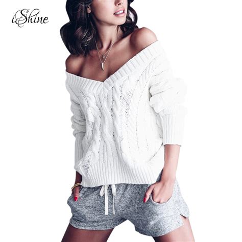 2017 Hollow Out Off Shoulder Sexy Knitwear Pullover Long Sleeve Solid V
