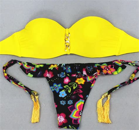 Tassel Low Waist Bikini Women 2018 New Summer Push Up Sexy Bottom Print Swimsuit Top Bandeau
