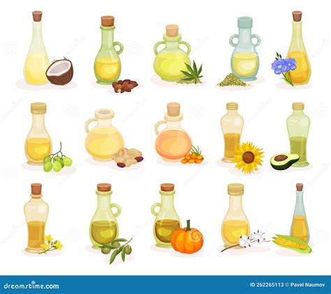 Set Of Different Food Oils In Glass Bottles Glass Jugs Of Natural