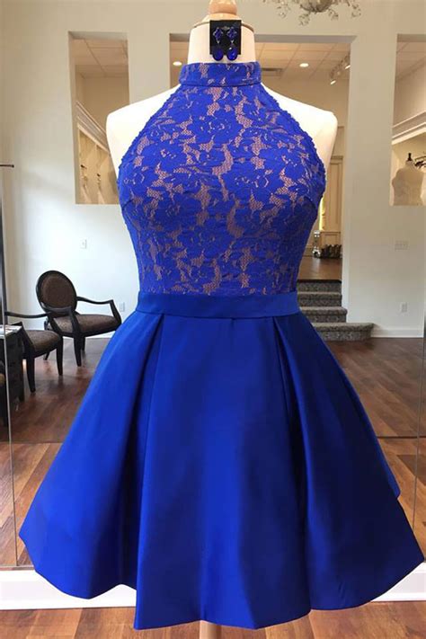 Achieve your desired look and glamour by dressing in our royal blue wedding dresses. Royal blue satin short lace bridesmaid dress, halter prom ...