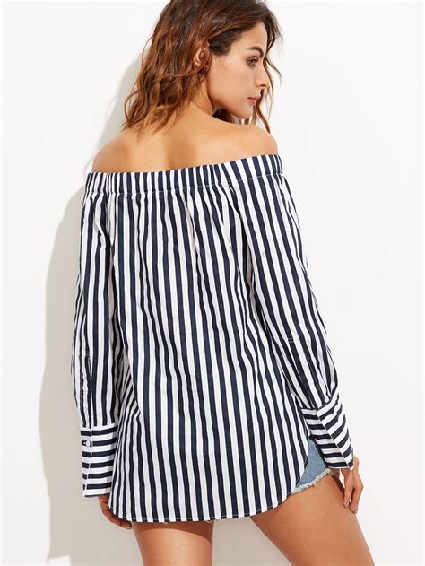 Navy And White Vertical Striped Off The Shoulder Blouse Big Fashion
