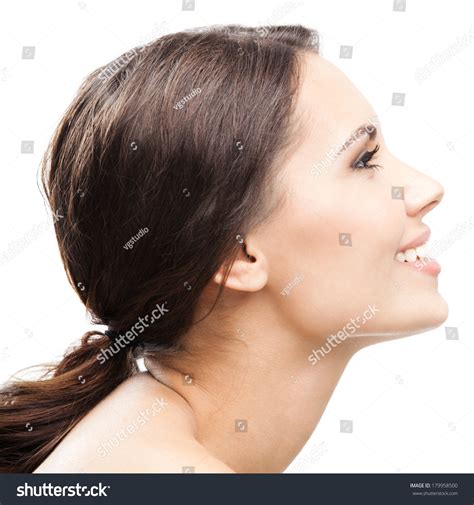 Profile Side Portrait Of Beautiful Young Happy Smiling Woman Isolated