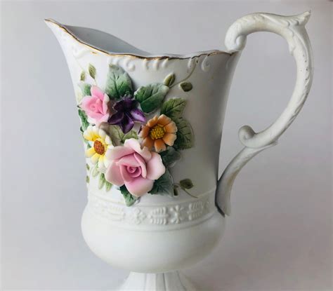 Vintage Lefton Small Pitcher With Raised Flowers Kw4496 Etsy