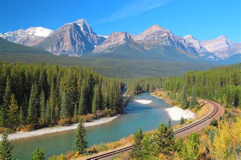 Bow River Mountains Train Tracks Railroad Banff National Park Wallpaper