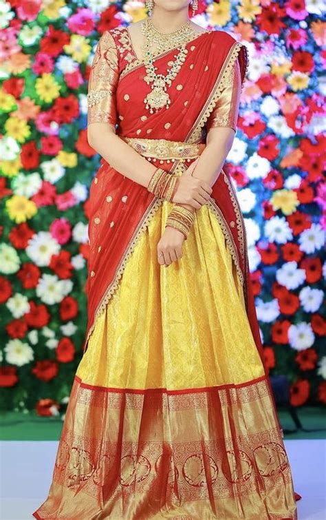 yellow and red beautiful pattu lehenga half saree lehenga long gown design indian saree dress