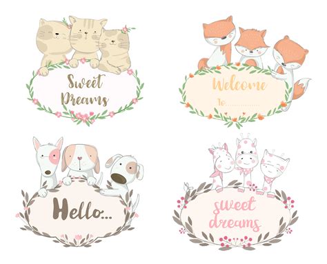 Set Of Baby Animals With Greetings In Floral Borders 667418 Vector Art