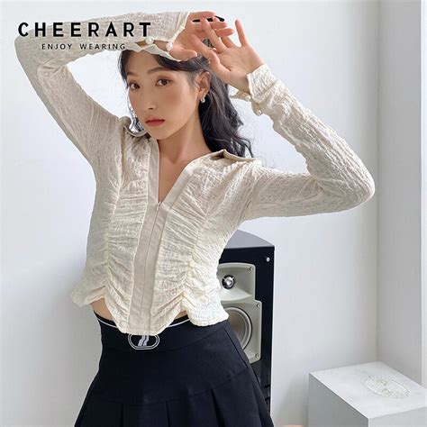 cheerart autumn 2020 ruched top long sleeve blouse tunic crop top women shirt fashion crochet