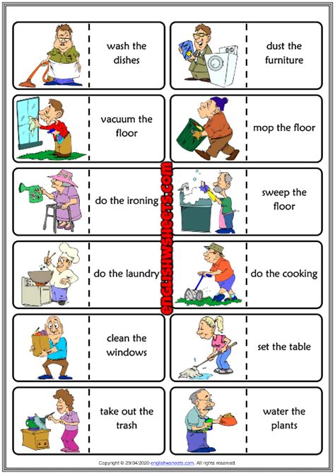 Household Chores Esl Printable Dominoes Game For Kids Vocabulary