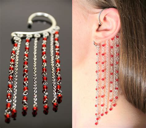 Red Dangle Ear Cuff No Piercing Bohemian Earrings Large Chain Etsy In