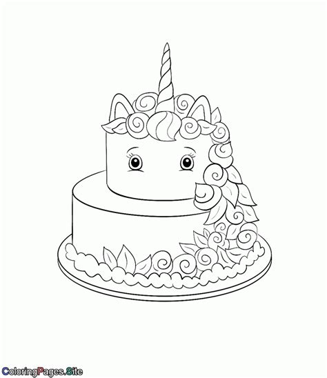 Cute birthday card with big cake coloring page for kids holiday. unicorn cake coloring page