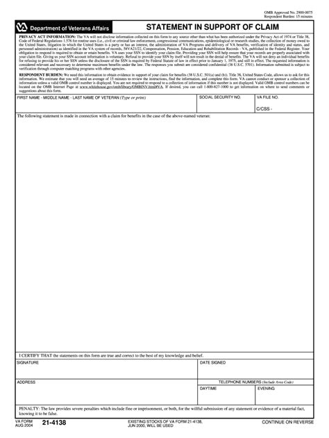 Va 21 4138 2004 Fill And Sign Printable Template Online Us Legal Forms