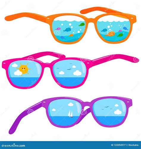 Summer Beach Scenes Reflected In Colorful Sunglasses Stock Vector