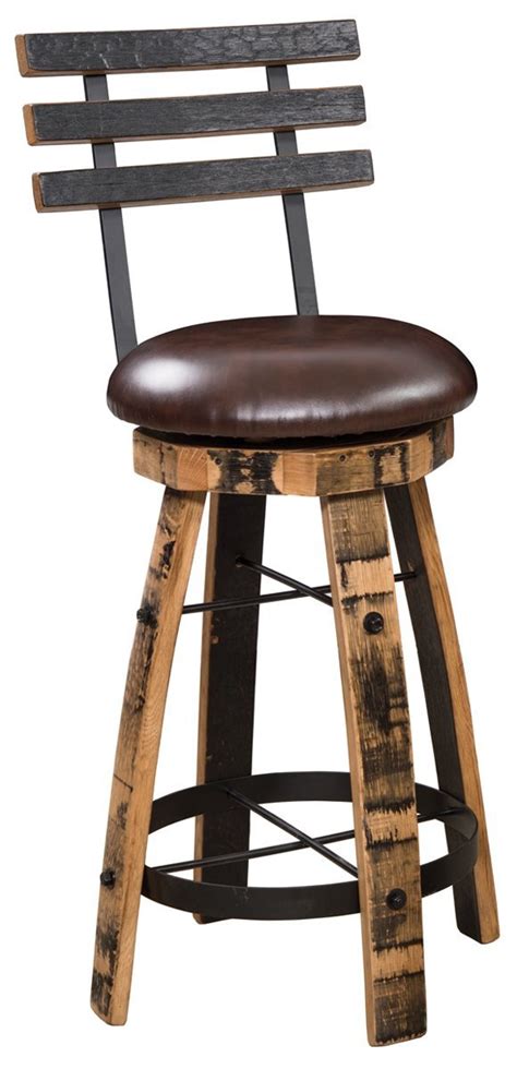 Amish Rustic Barrel Swivel Bar Stool With Back And Leather Cushion