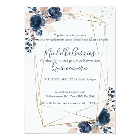 Geometric Frame And Flowers In Navy Gold Blush Invitation Zazzle
