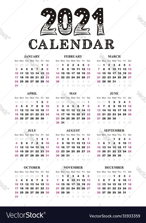 2021 Yearly Calendar Template A4 Royalty Free Vector Image
