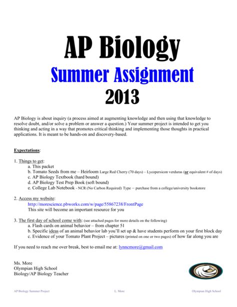 Ap Biology Summer Assignment 2013