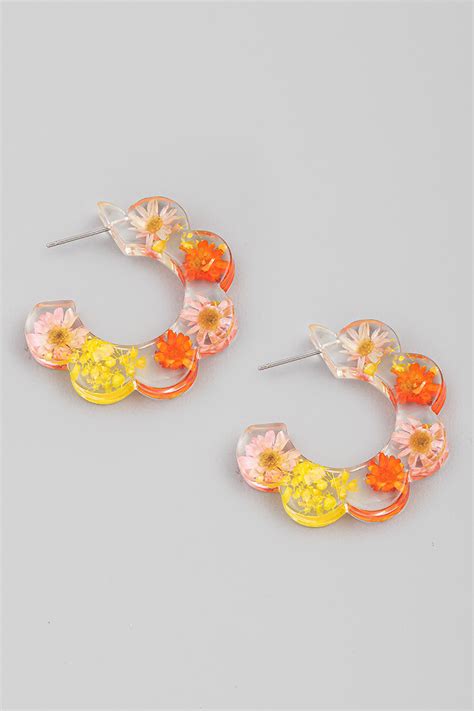 Multi Pressed Flower Resin Hoop Earrings