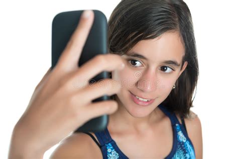 Hispanic Teenage Girl Taking Herself Photo Her Mobile Phone Stock