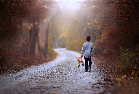 Kids Children Childhood Teddy Bear Road Way Path Walking Alone Lonely