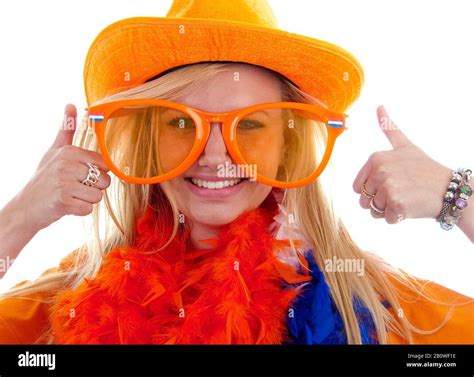 Dutch Young Woman In Orange Outfit Is Ready For The Soccer Game Over