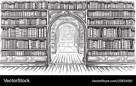 Library Book Shelf Interior Graphic Sketch Black Vector Image