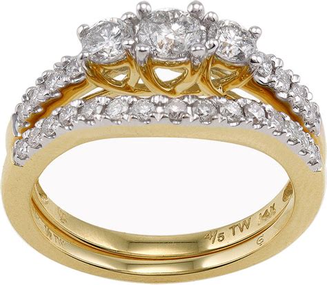 Modern Bride 1 Ct T W Diamond 3 Stone 14k Yellow Gold Bridal Ring Set 