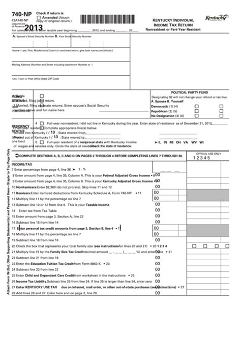 Fillable Form 740 Np Kentucky Individual Incometax Return Nonresident