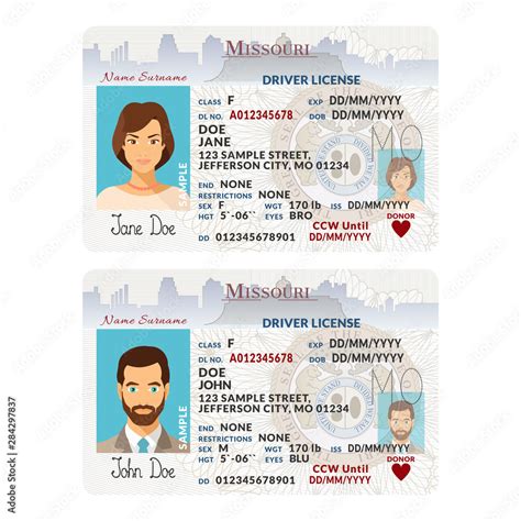 Vector Template Of Sample Driver License Plastic Card For Usa Missouri