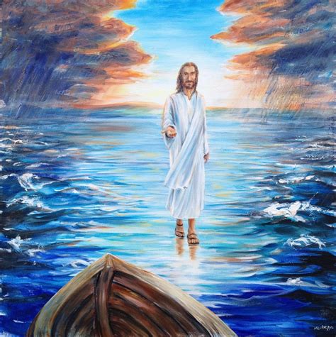 Jesus Portrait with Figure Walking on Water Oil Painting or Print