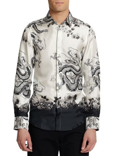 Dolce And Gabbana Dragon Print Silk Button Front Shirt In Black White